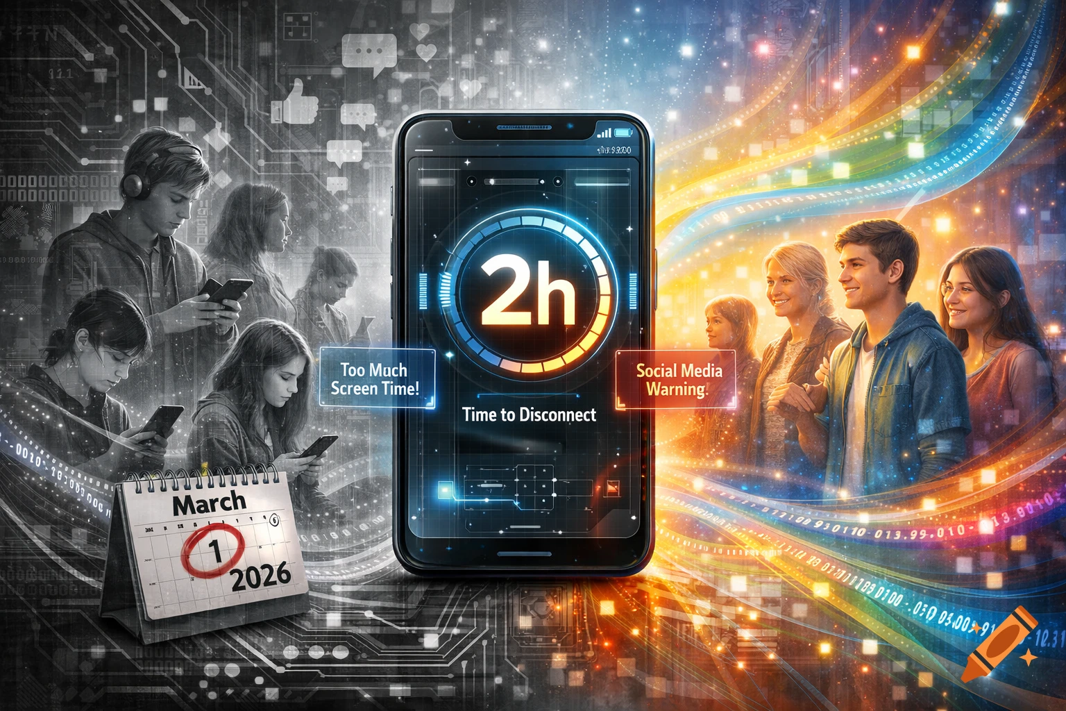 A smartphone displays a '2h Time to Disconnect' timer, dividing a grayscale scene of screen-addicted individuals from a colorful one of happy, connected people. A calendar shows March 1, 2026.