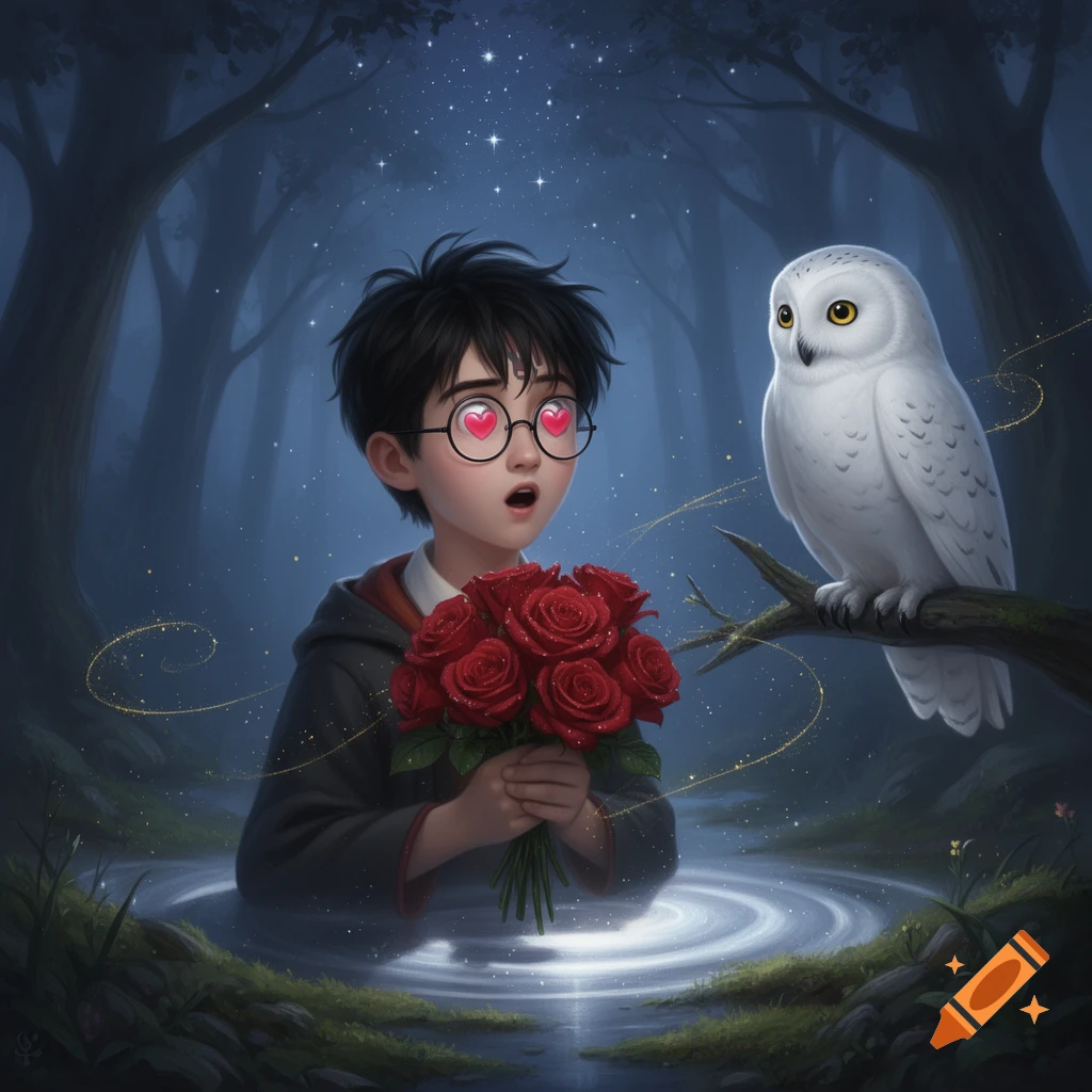 An illustrated boy with heart-shaped glasses holds a bouquet of red roses, gazing at a white owl perched on a branch in a magical, starry forest.