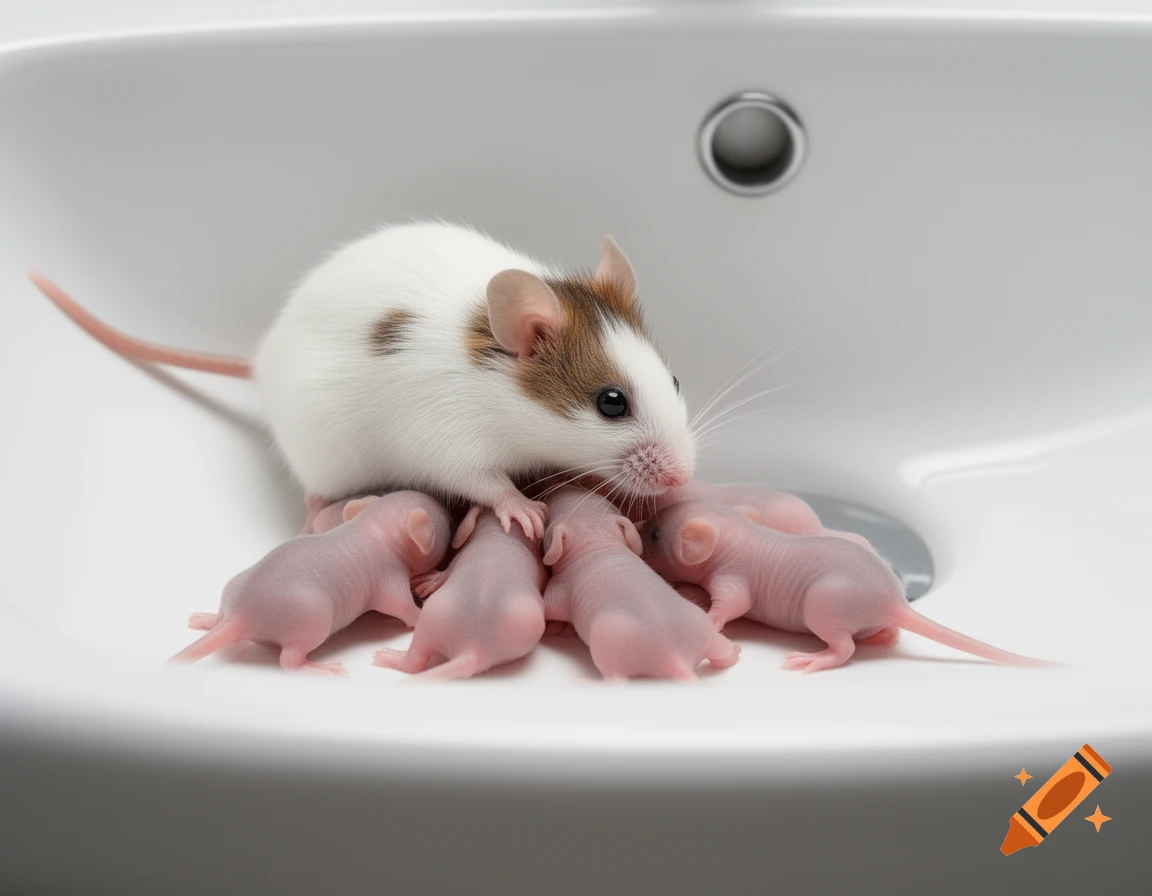 A white and brown mother mouse with several pink, hairless newborn pups in a white ceramic sink, photorealistic.