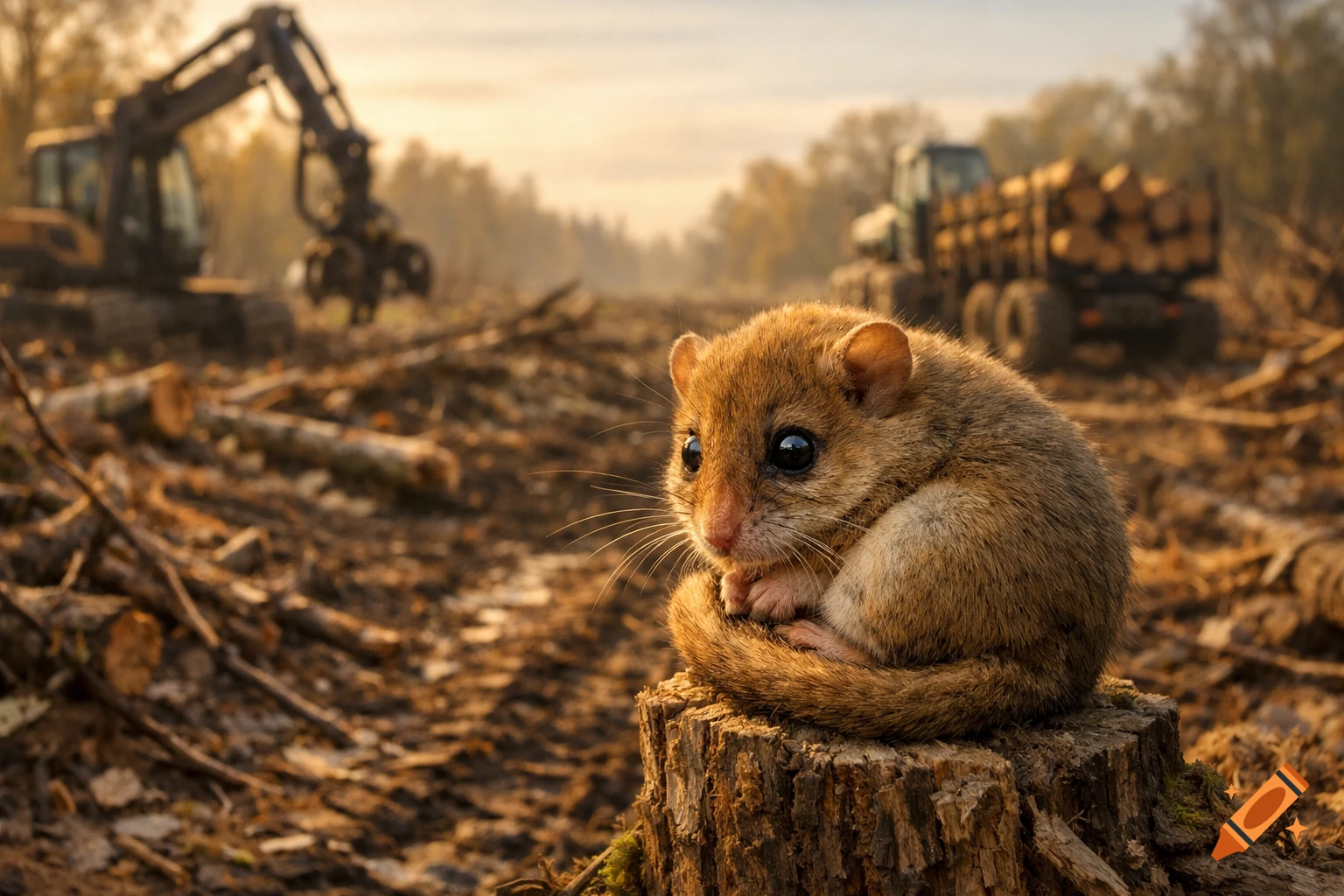 A small, sad dormouse sits on a tree stump in a deforested area with logging machines in the background under golden light.