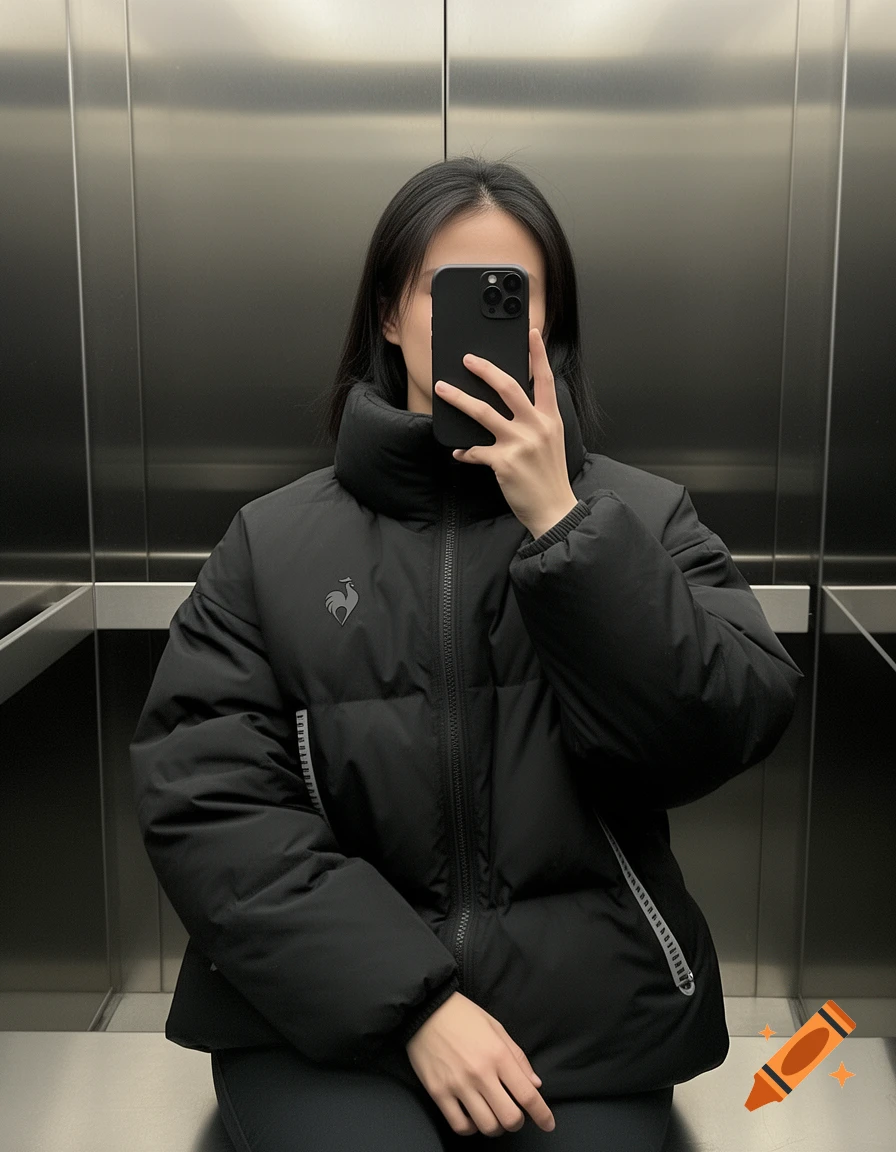 Asian woman in a black puffer jacket takes a mirror selfie in an elevator, obscuring her face with a smartphone. Photorealistic.