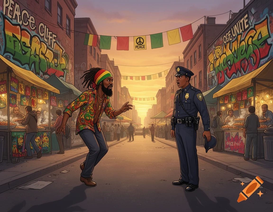 A rastafarian man in a colorful shirt faces a police officer in a lively street market with reggae flags and graffiti. Sunset light.