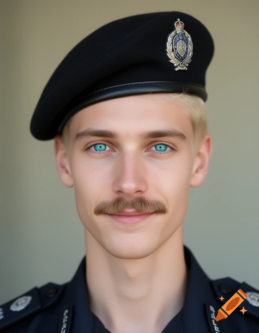 Close-up photorealistic portrait of a young man with blonde hair, a mustache, and striking turquoise eyes, wearing a black beret with a silver emblem and a dark blue police uniform.