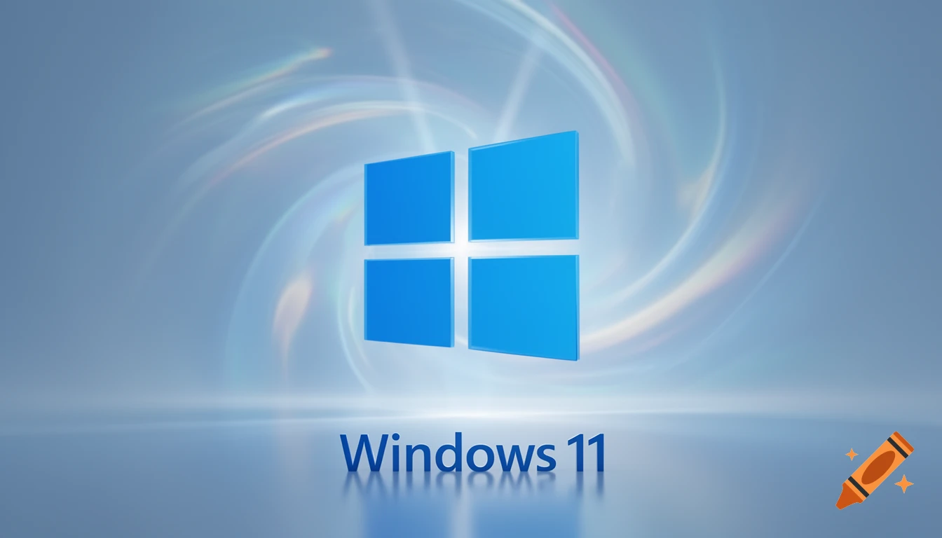 Blue Windows 11 logo with the text 'Windows 11' below it, on a light blue background with swirling light effects.