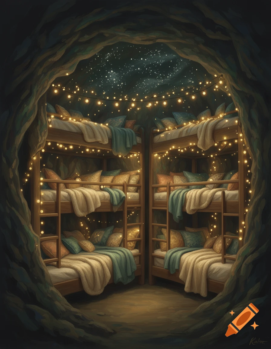 Cozy cave room with multiple bunk beds, string lights, and a starry ceiling, rendered in a painterly style.