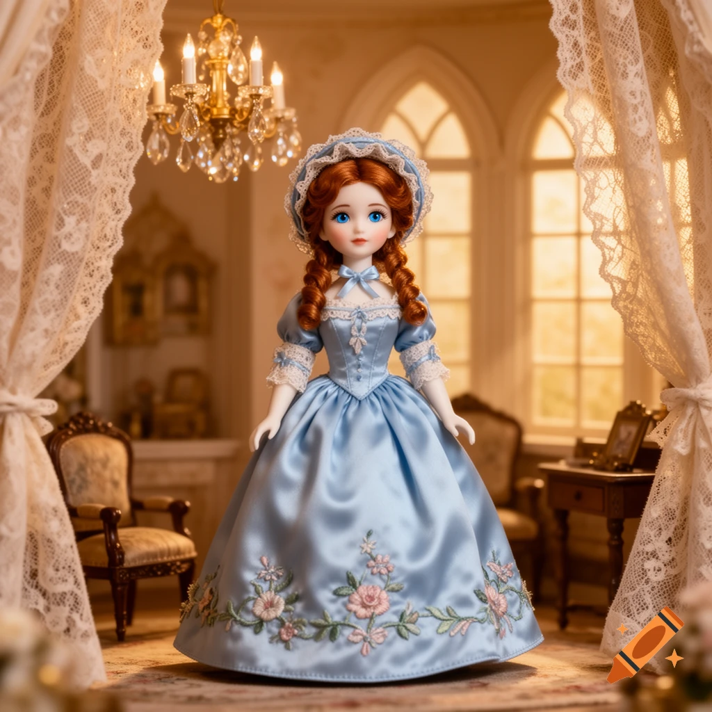A red-haired doll in a blue embroidered gown and bonnet stands in an ornate, lace-draped room with a chandelier.