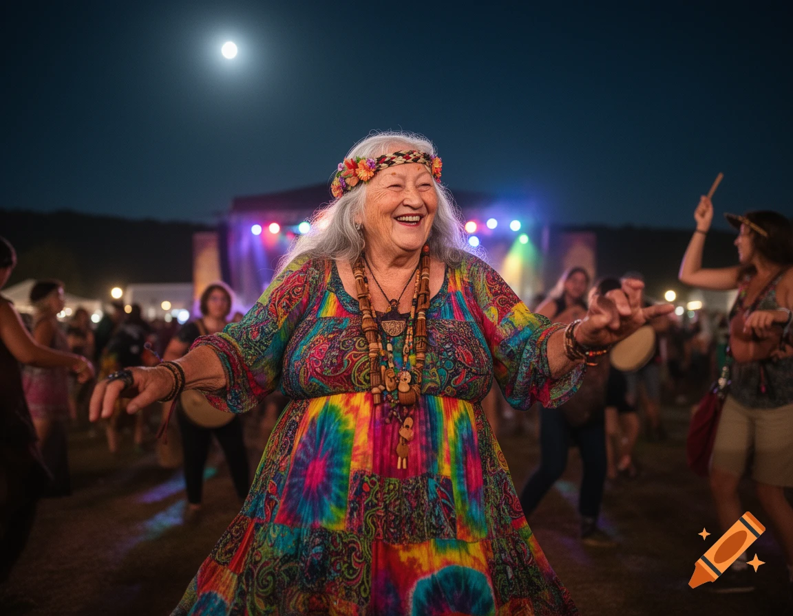 Smiling elderly woman in a colorful tie-dye dress and flower crown dancing at a vibrant night music festival under a full moon.