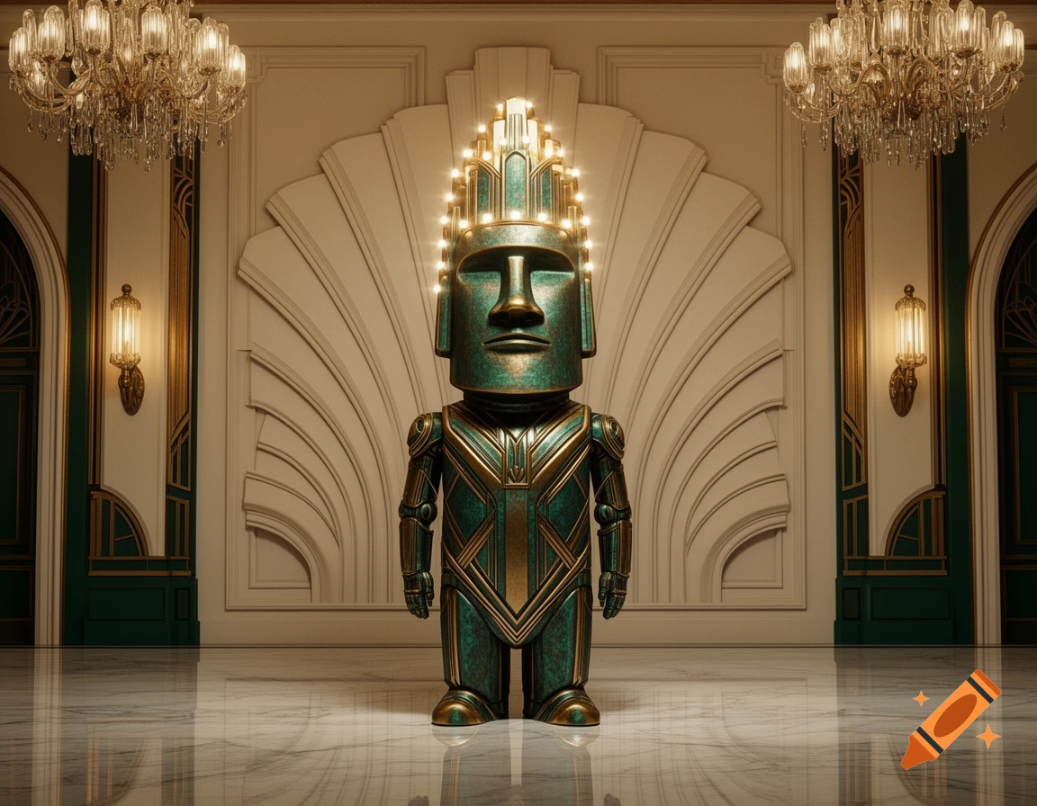 Art Deco humanoid robot with a metallic moai face in a grand hall with chandeliers and marble floor.