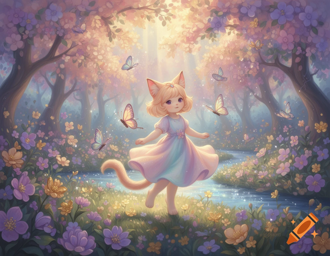 A cute anime cat girl in a pastel dress dances in a magical fantasy forest with colorful flowers and butterflies.