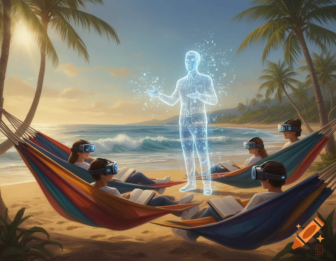 Students in VR headsets relax in hammocks on a beach, observing a glowing holographic teacher giving a lesson.