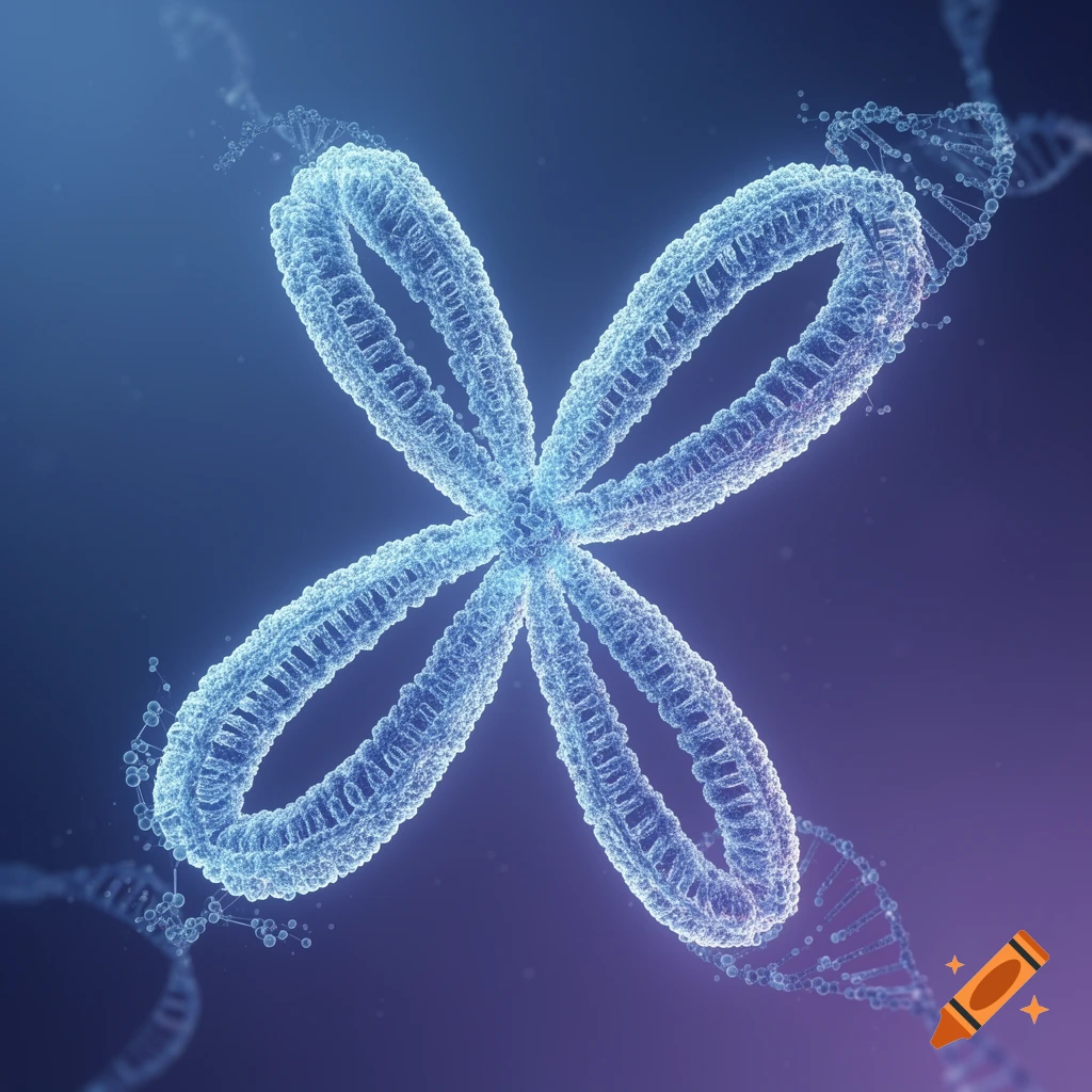 A detailed glowing blue X-shaped chromosome structure against a blurry dark blue and purple background with DNA strands.