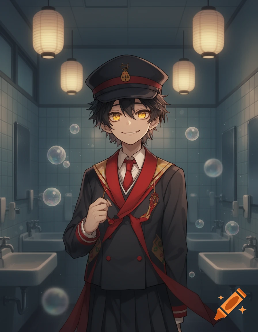 Smiling anime boy with glowing yellow eyes in a military uniform and cap, standing in a restroom with hanging lanterns.