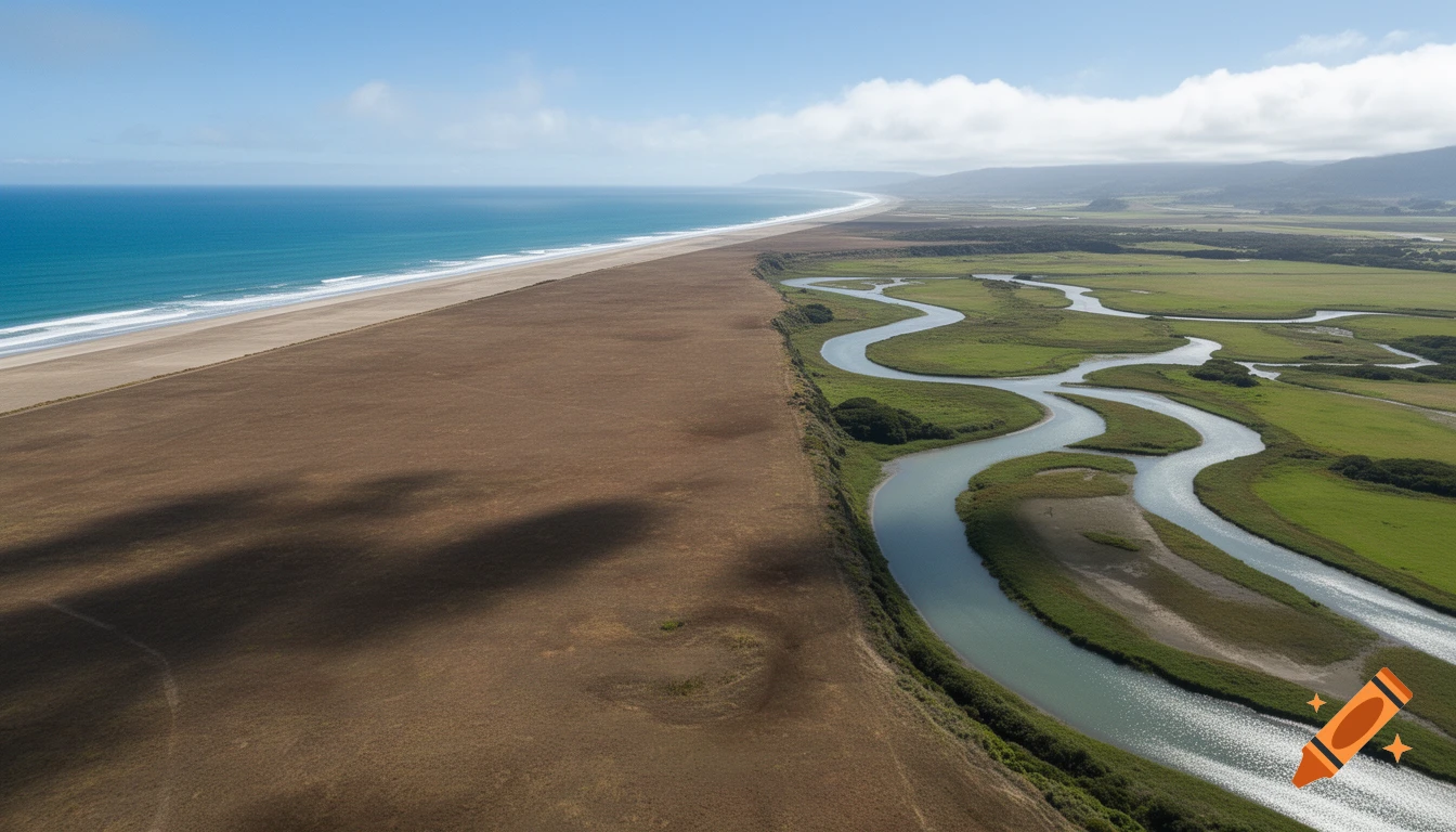 Aerial view of a winding river estuary meeting a flat brown coastal plain and a sandy beach by the ocean under a blue sky.