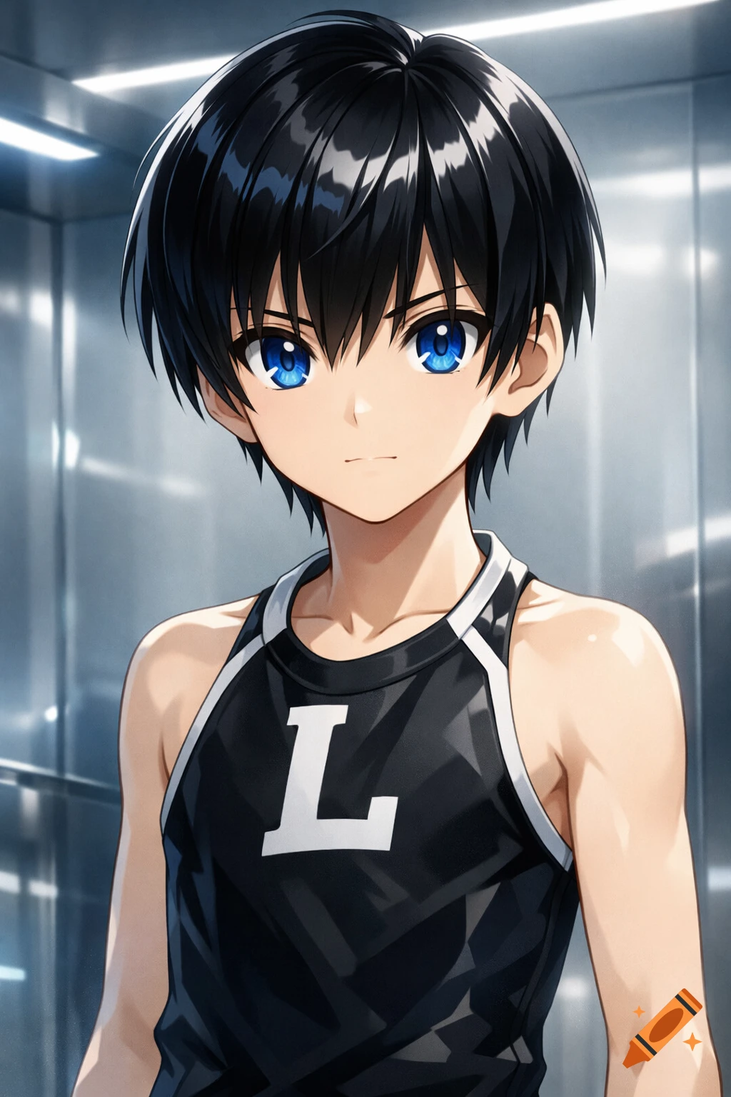 Anime boy with black hair and blue eyes, wearing a black and white tank top with a white 'L' on the front, standing in a metallic room.