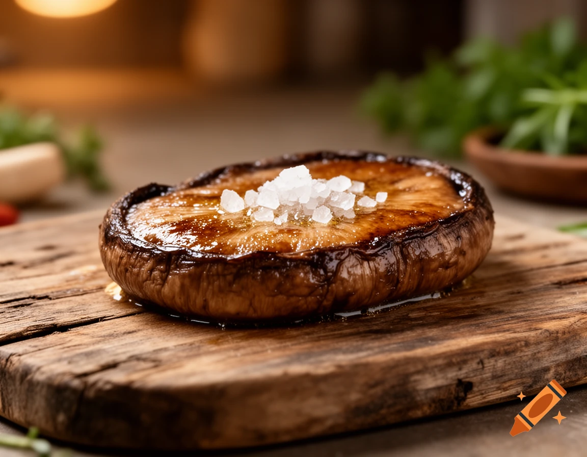 Close-up of a glistening braised mushroom steak topped with coarse salt on a rustic wooden cutting board.
