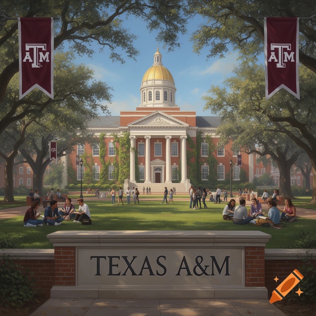 Illustrative view of Texas A&M campus with a red brick building, gold dome, students on a lawn, and 'TEXAS A&M' on a stone sign.