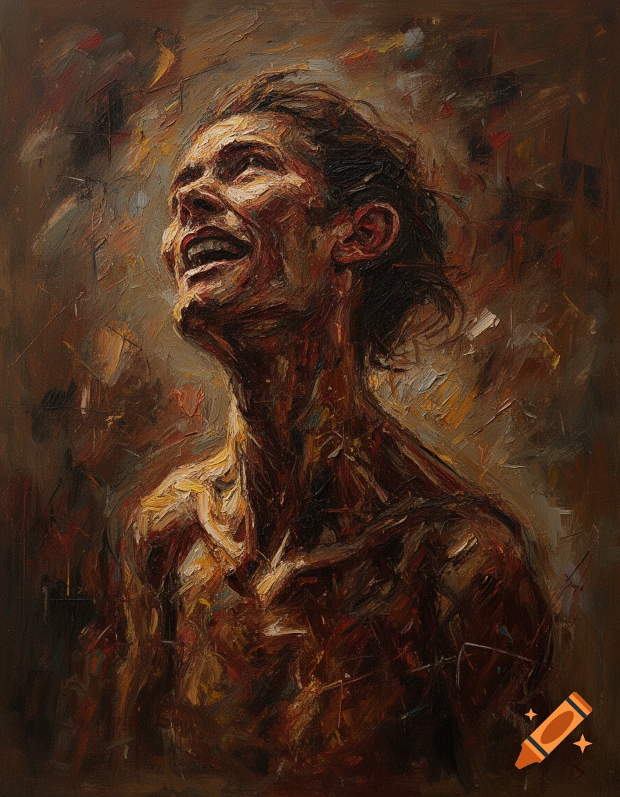 Expressive oil painting of a person with a distorted form looking up and laughing, rendered in bold, earthy colors with loose brushstrokes.