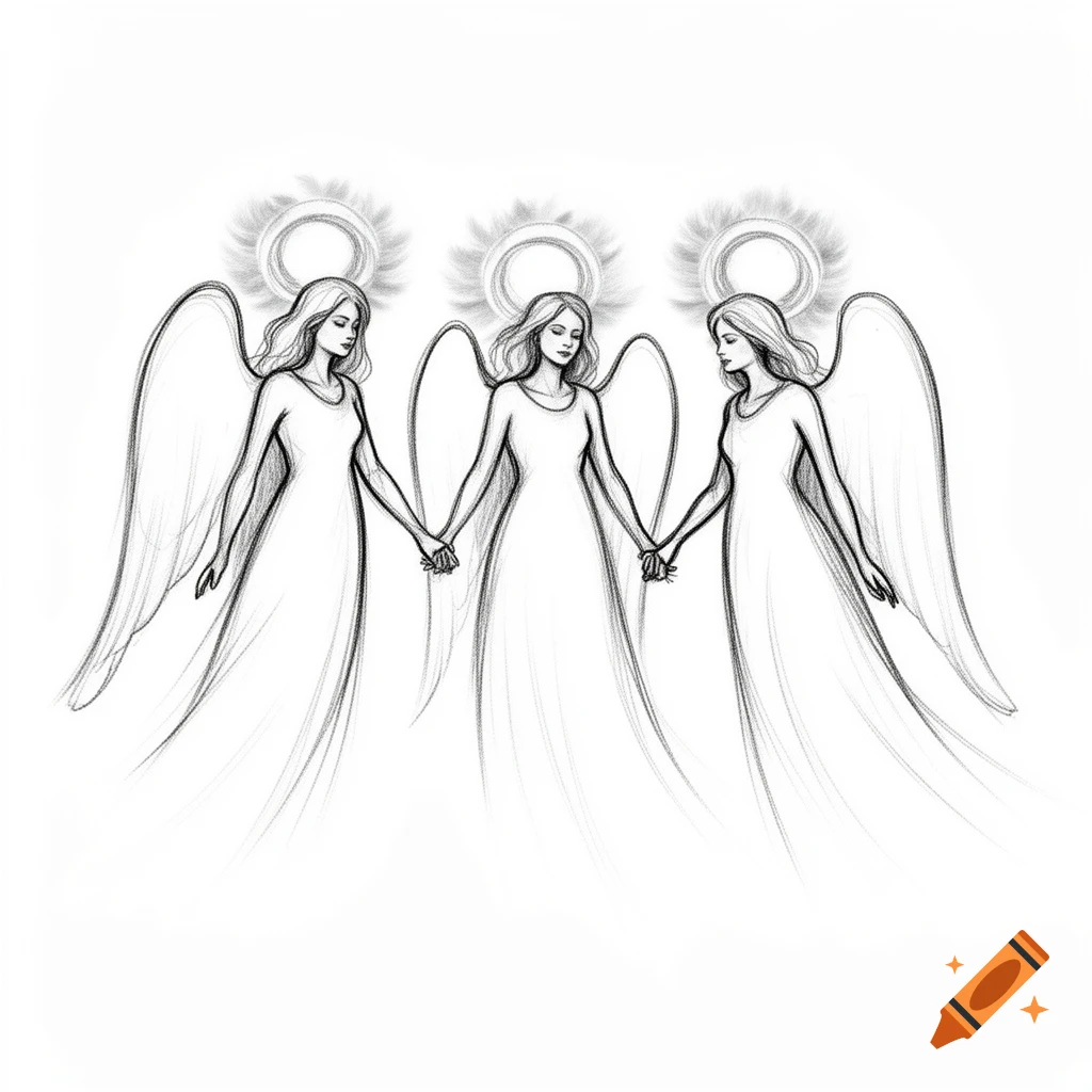 A minimalist charcoal sketch depicting three angels holding hands, each with a circular halo.