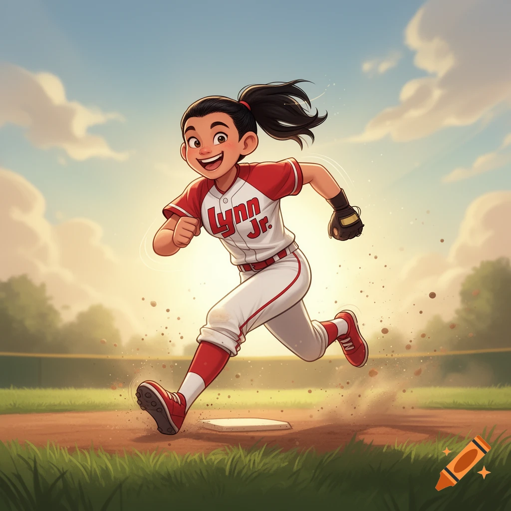 A cartoon girl with a ponytail in a red and white baseball uniform runs on a dirt field past home plate, smiling.