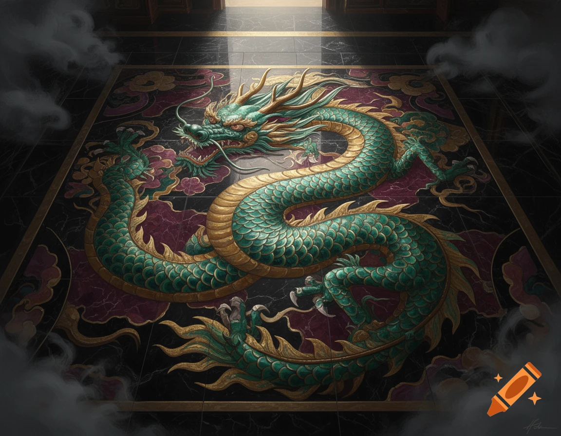 A majestic green and gold dragon is intricately depicted on a dark ...