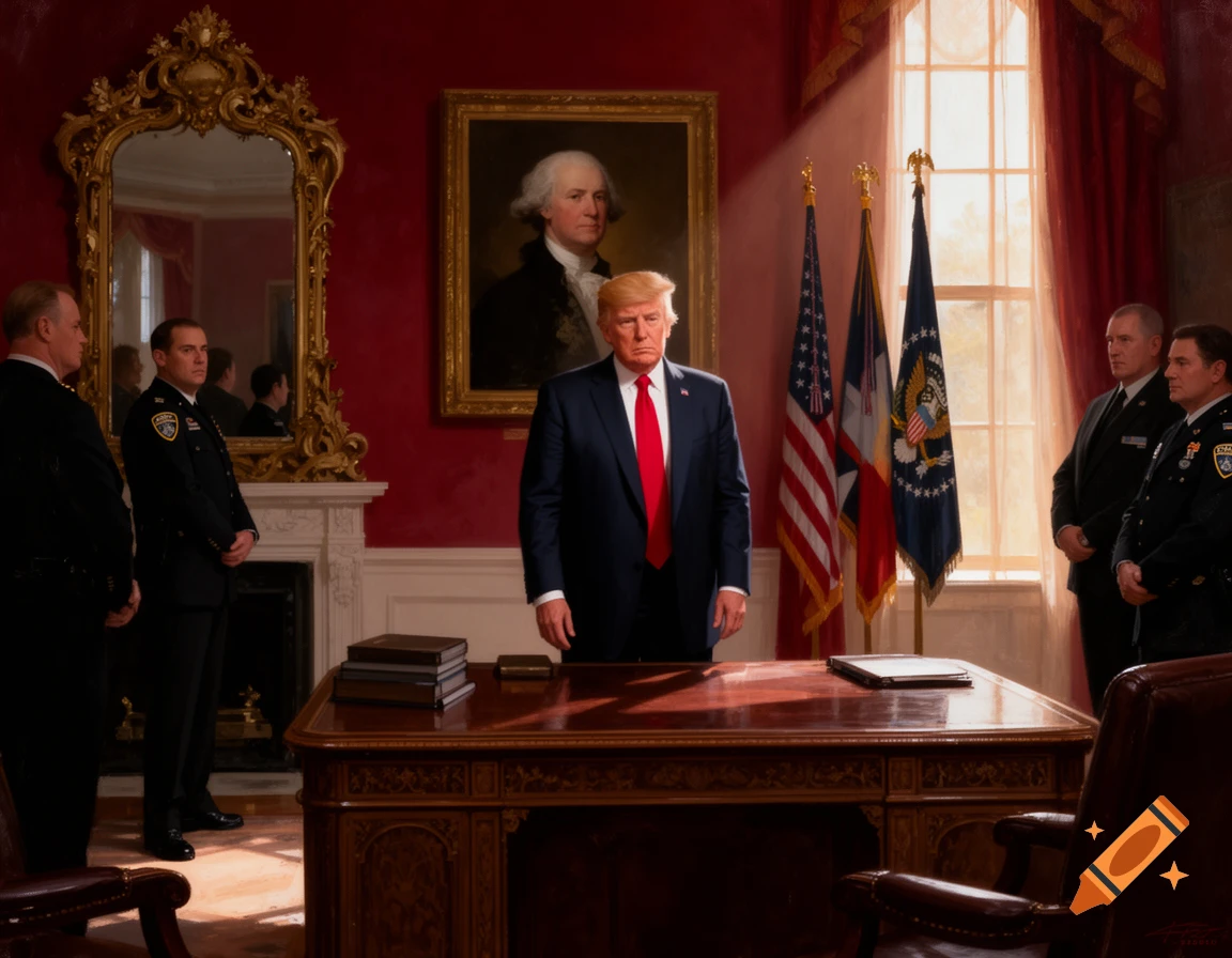 A photorealistic painting of Donald Trump standing behind a large wooden desk in a formal, red-walled room, flanked by security personnel and flags.