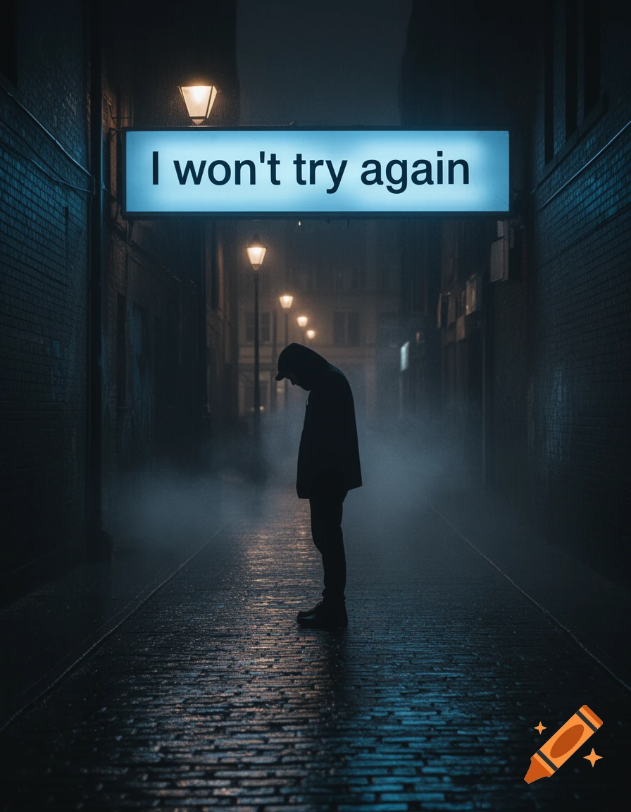 A lone person stands with their head down in a dark, foggy alley beneath a glowing sign that reads 'I won't try again'.