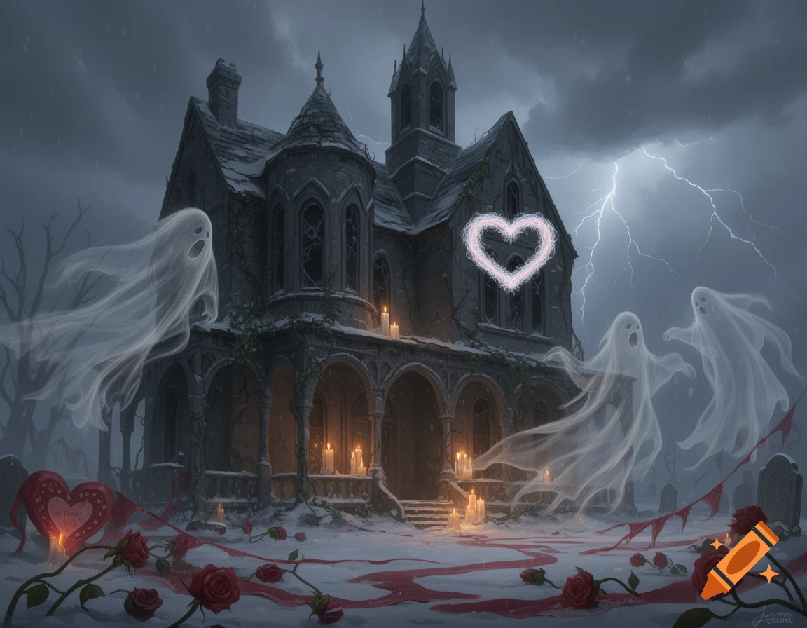 A gothic haunted house on a snowy, stormy night with lightning, surrounded by ethereal ghosts, red roses, and blood-like streaks on the ground, with candles on the porch.