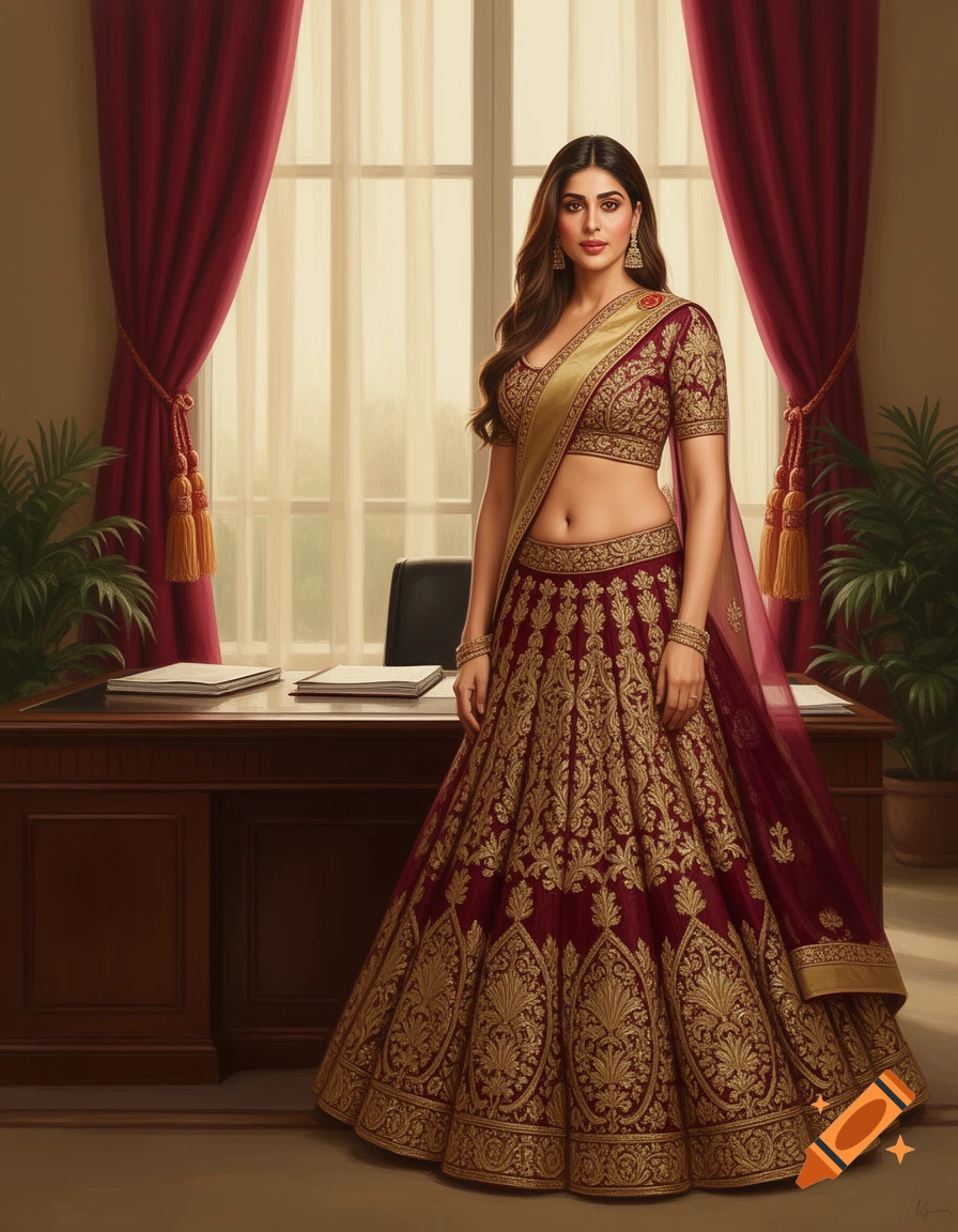 Photorealistic portrait of a woman in a maroon and gold lehenga choli, standing in an office with a wooden desk and window.
