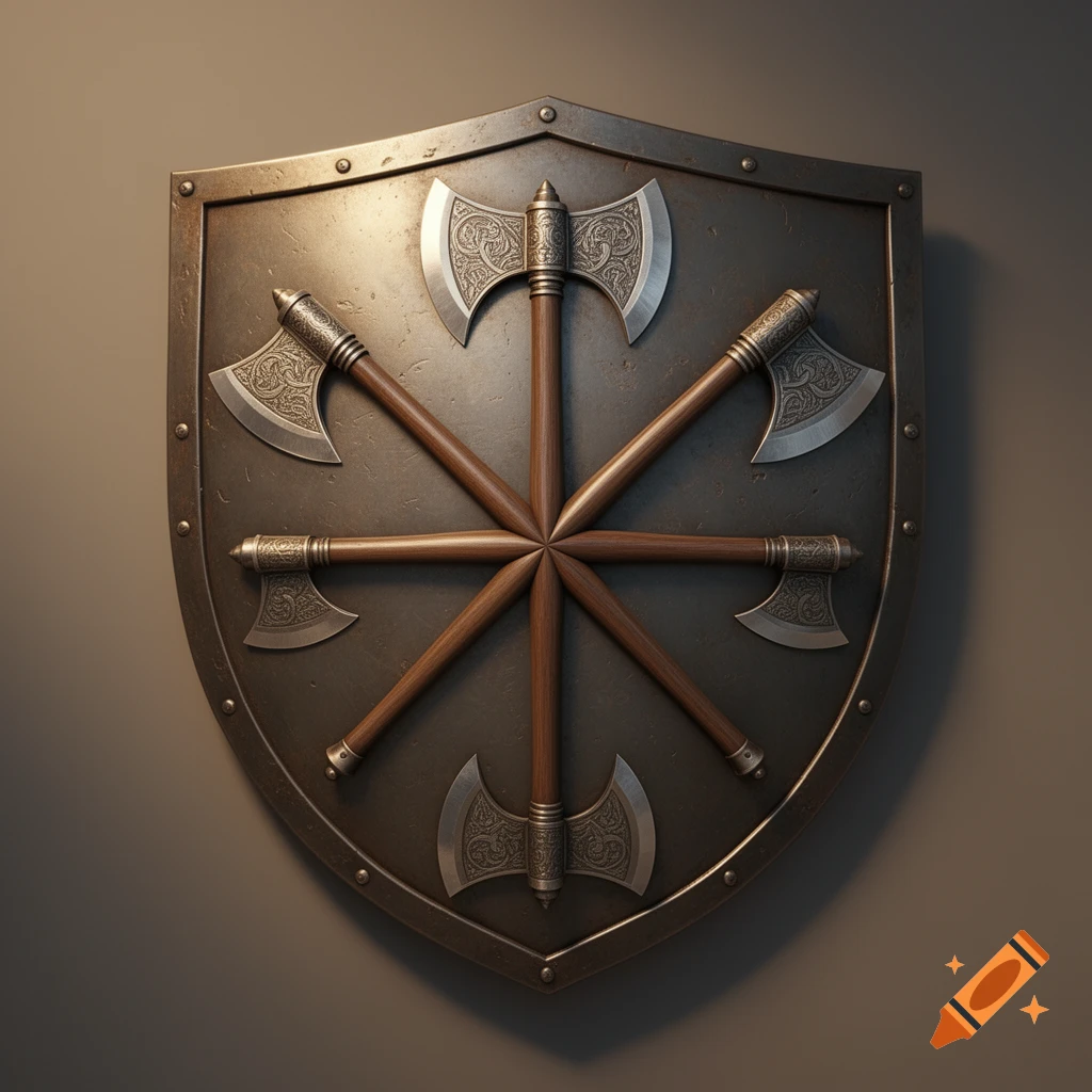 A photorealistic image of a dark metal shield adorned with six ornate double-bladed axes arranged radially.