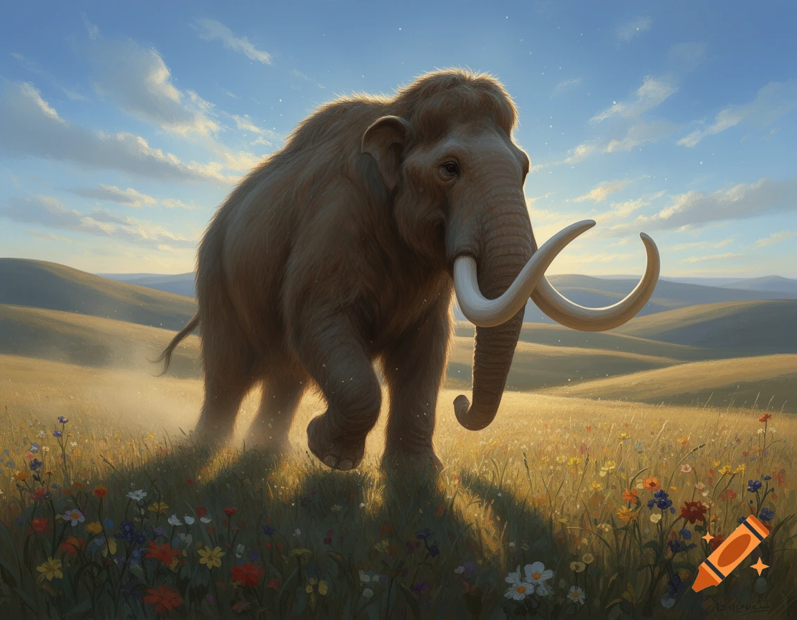 A Columbian mammoth with large tusks walks through a sunny, flower-filled temperate prairie landscape with rolling hills.