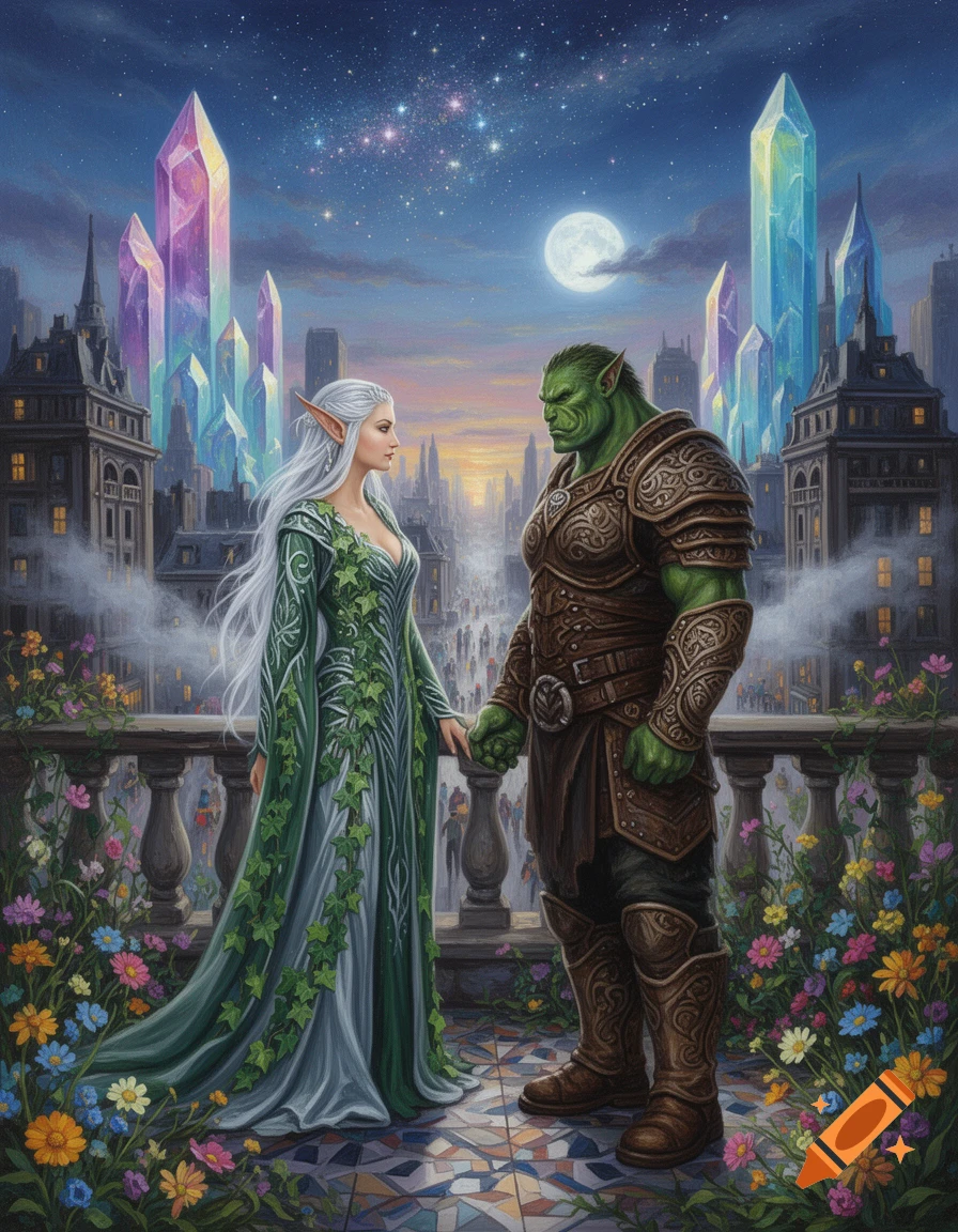 An elf woman and an orc man hold hands on a flower-filled balcony overlooking a city with glowing crystal spires under a full moon, oil painting.