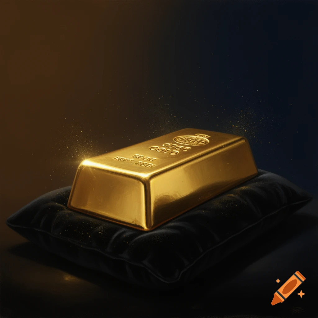 A shiny gold bar rests on a dark velvet pillow, illuminated by a warm glow and sparkling dust.