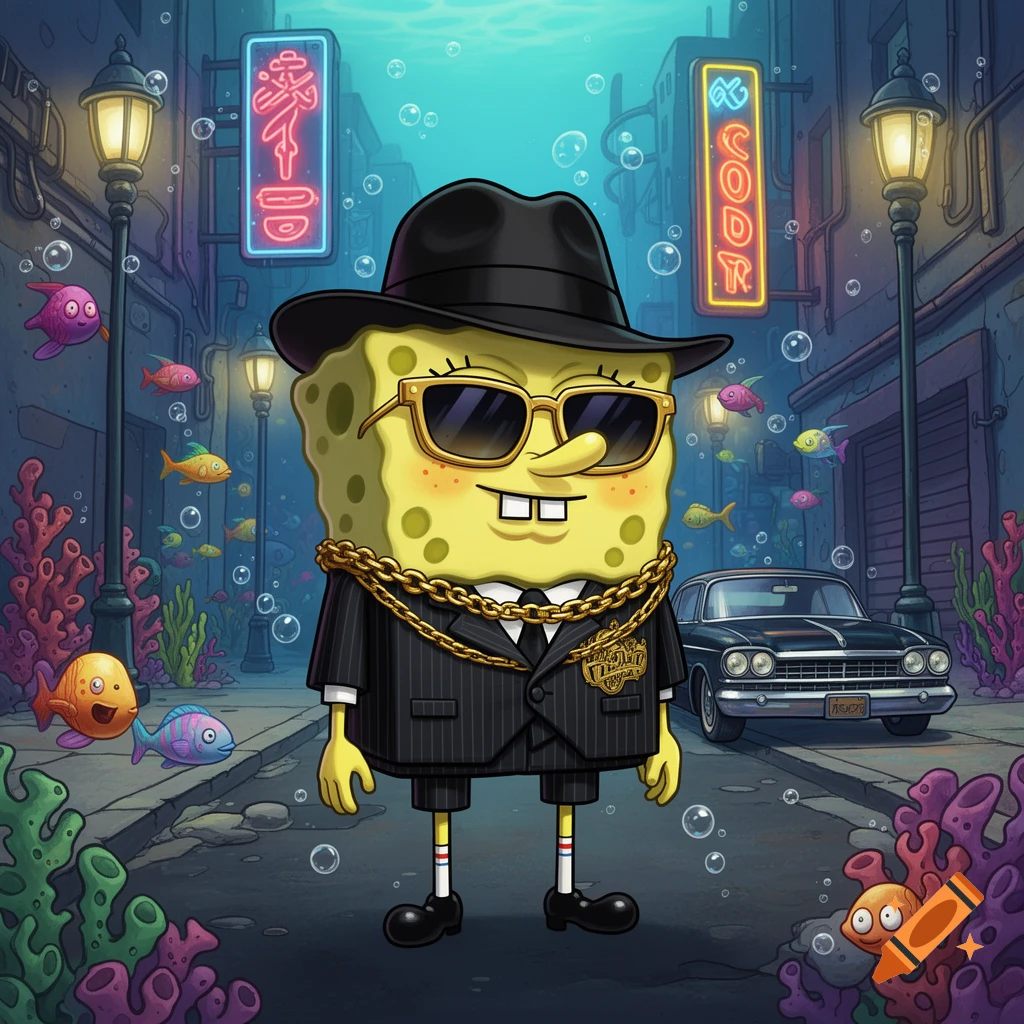 Spongebob Squarepants in a pinstripe suit, fedora, sunglasses, and gold chain, stands on an underwater city street with neon signs and a classic car.