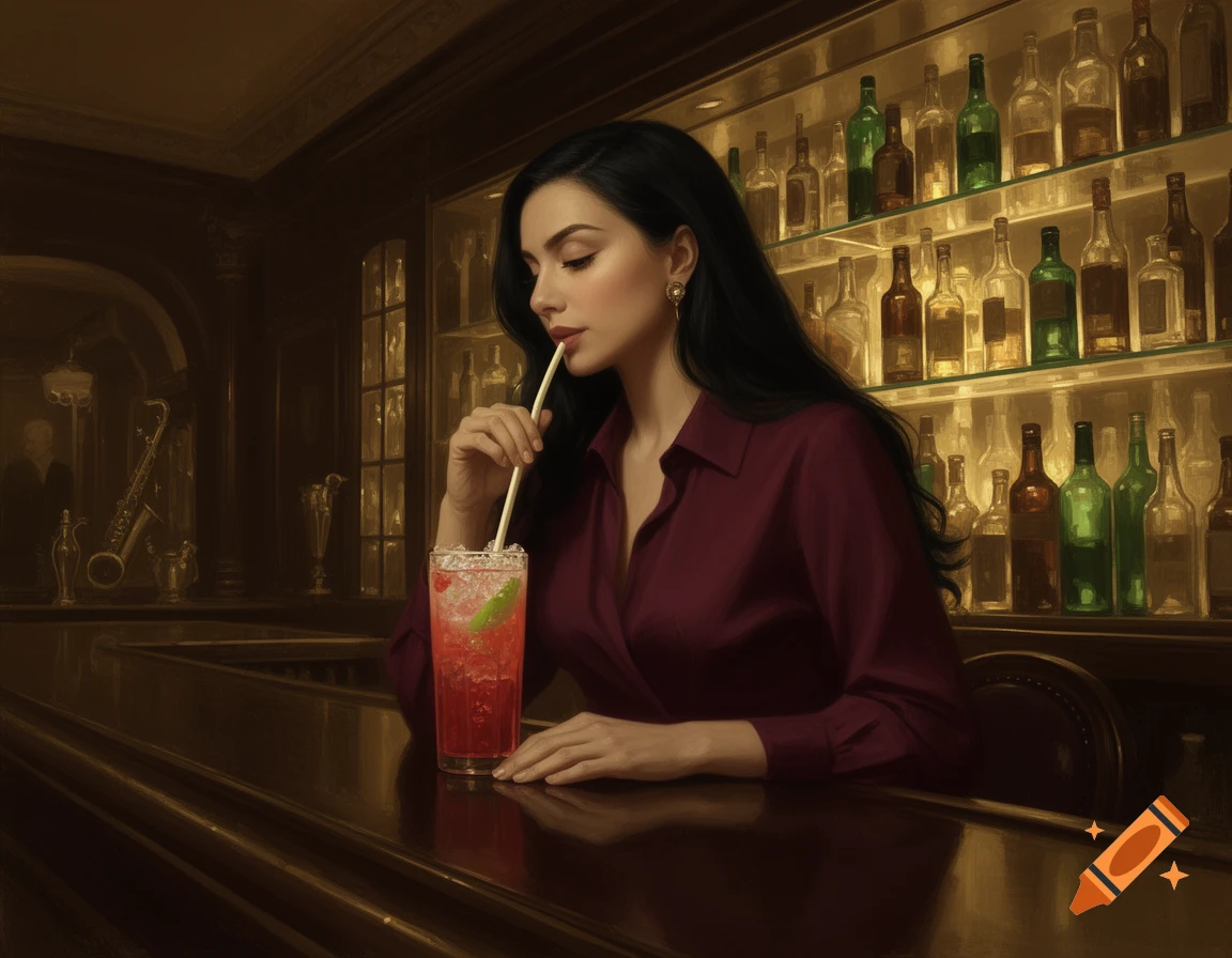 A woman in a maroon shirt sips a red cocktail with a straw at a dimly lit bar, with bottles and a saxophone in the background.