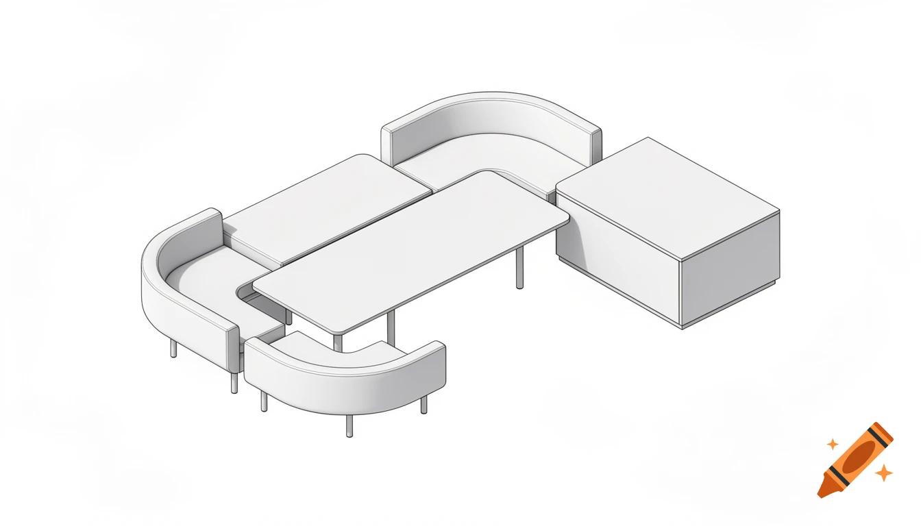 A clean, isometric technical drawing of an L-shaped modular furniture layout in white and light gray on a white background.