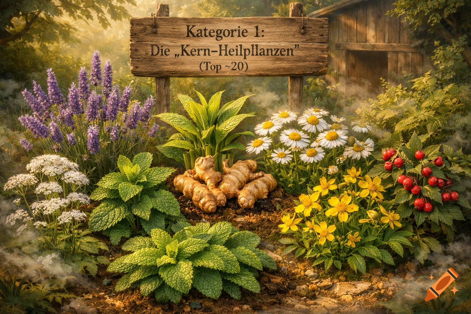 A photorealistic image of a garden with various medicinal plants like lavender, chamomile, ginger, and mint, featuring a wooden sign with German text.