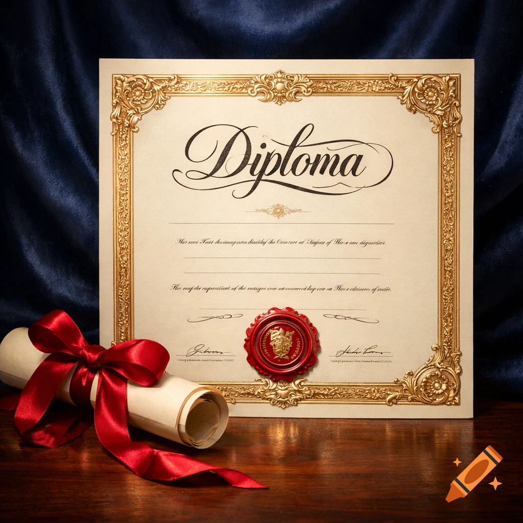 A formal diploma with a gold ornate frame, featuring the word "Diploma" in elegant script, resting on a wooden surface beside a rolled scroll tied with a red ribbon, against a dark blue velvet background.