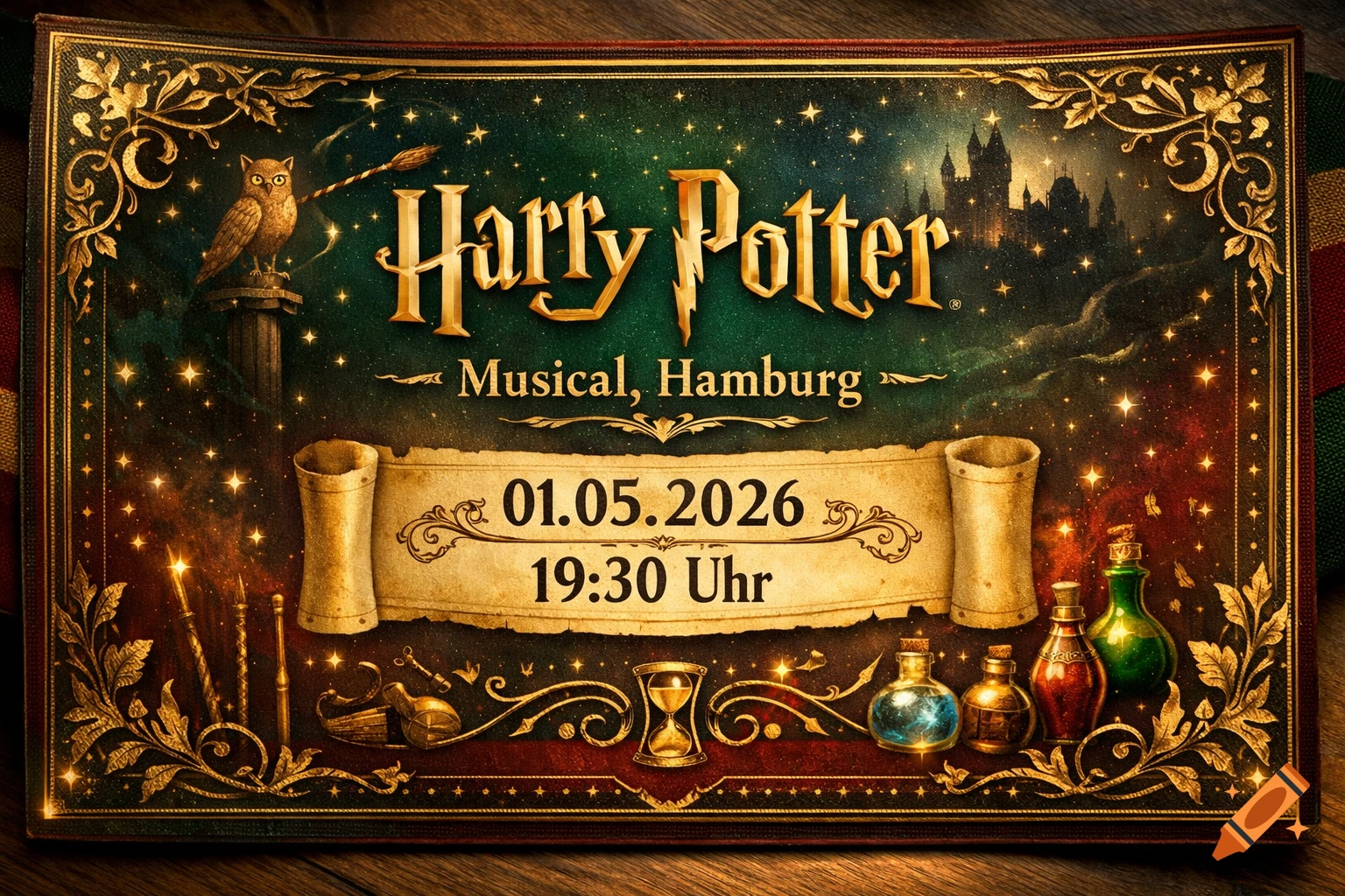 Ornate Harry Potter Musical voucher with an owl, castle, stars, potions, and text '01.05.2026 19:30 Uhr'.
