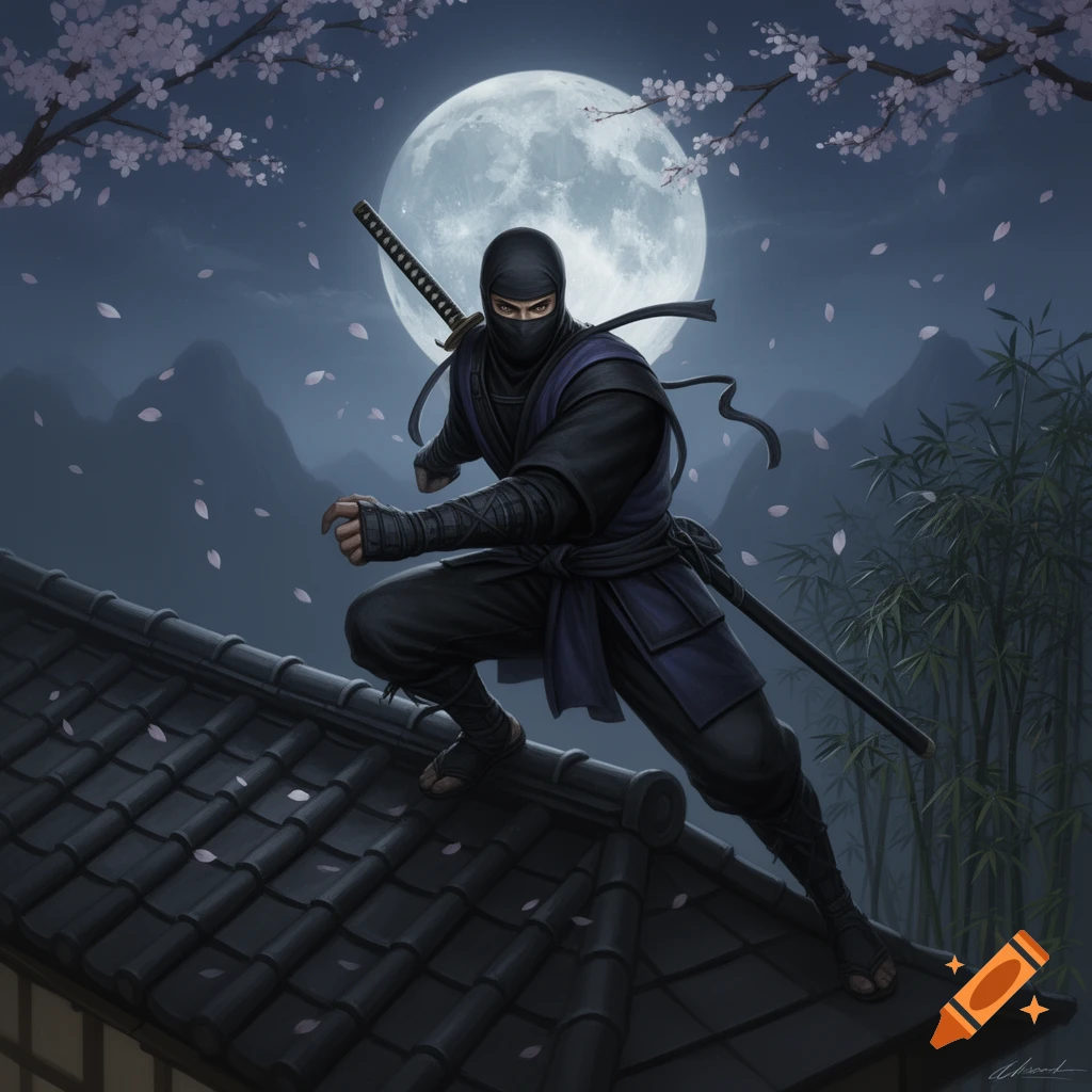 An illustration of a ninja crouching on a traditional Japanese rooftop under a full moon, with cherry blossoms and mountains in the background.
