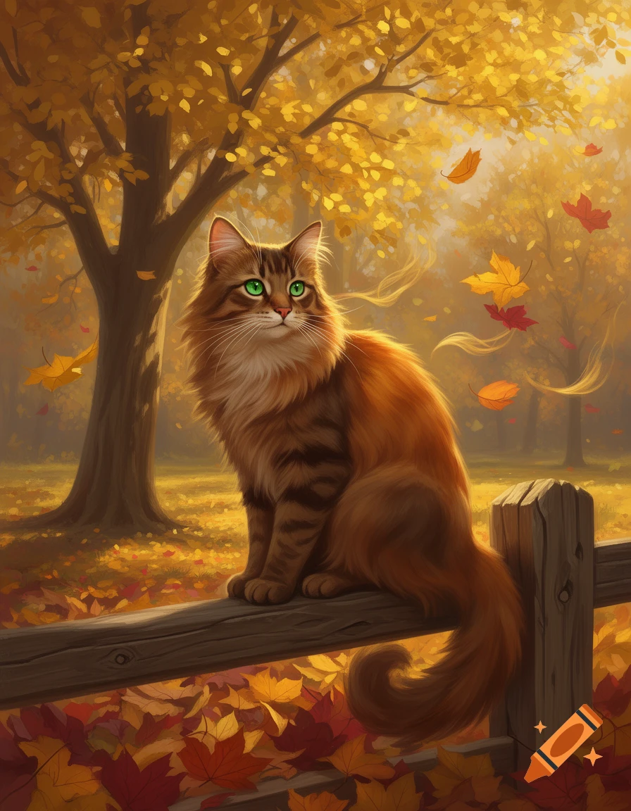 A fluffy brown and orange tabby cat with vivid green eyes sits on a ...