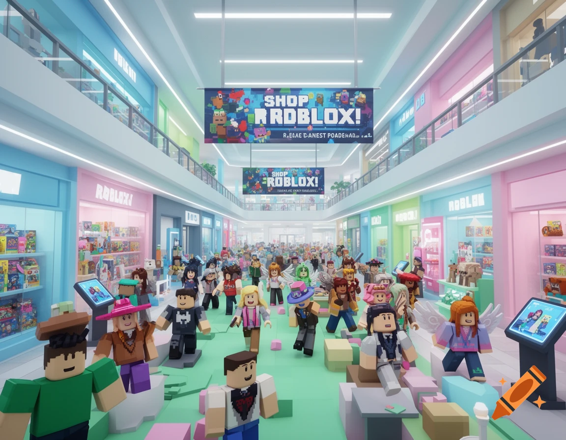 Roblox characters walk through a brightly lit, pastel-colored shopping mall with shops and large banners.