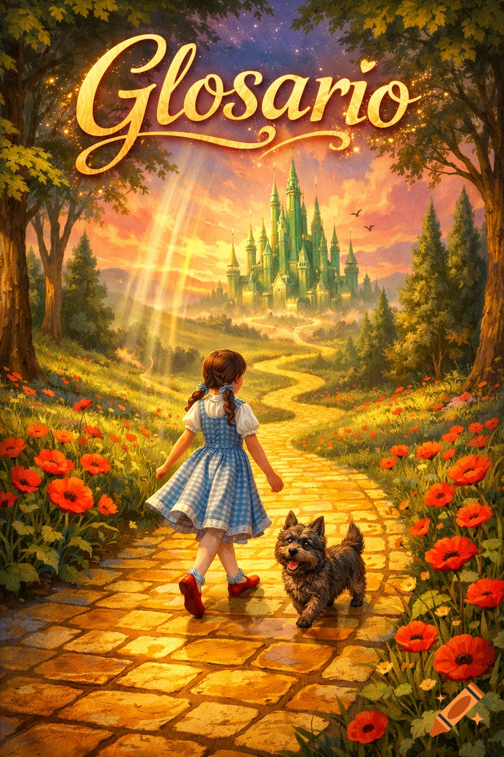 Dorothy and Toto walk on a golden brick road through a poppy field, heading towards a green castle at sunset. Title: Glosario.