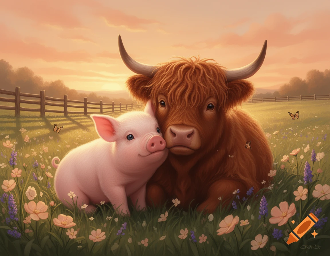 A cute pink pig nuzzles a fluffy brown Highland cow in a field of colorful wildflowers at sunset.