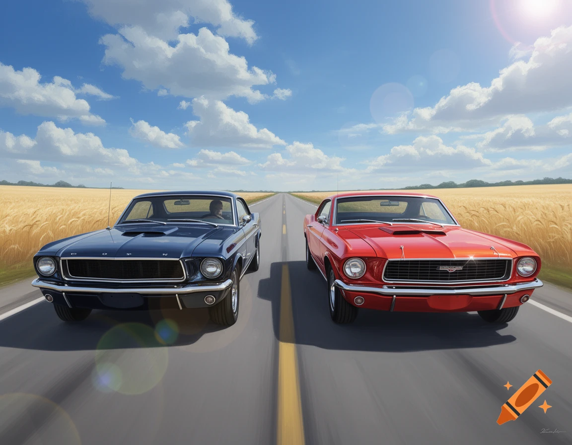 A blue and a red classic car parked facing forward on a rural road between golden wheat fields under a blue sky.