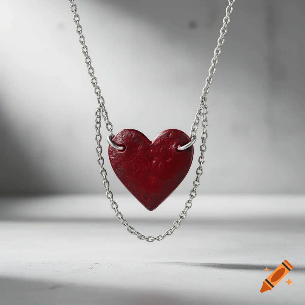 A red heart pendant connected by two silver chains, floating against a grey background.