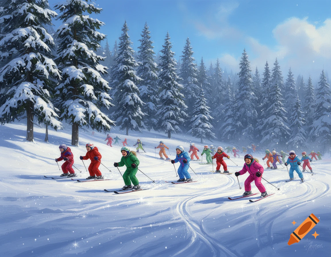 A vibrant painting of many children in colorful ski suits skiing down a snowy slope, surrounded by tall, snow-covered pine trees under a clear blue sky.