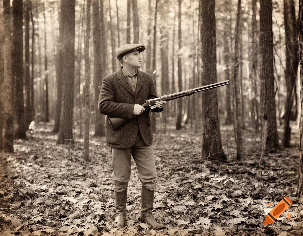 Sepia-toned vintage photo of a hunter in a wool jacket and cap, holding a bolt-action rifle in a forest filled with fallen leaves.