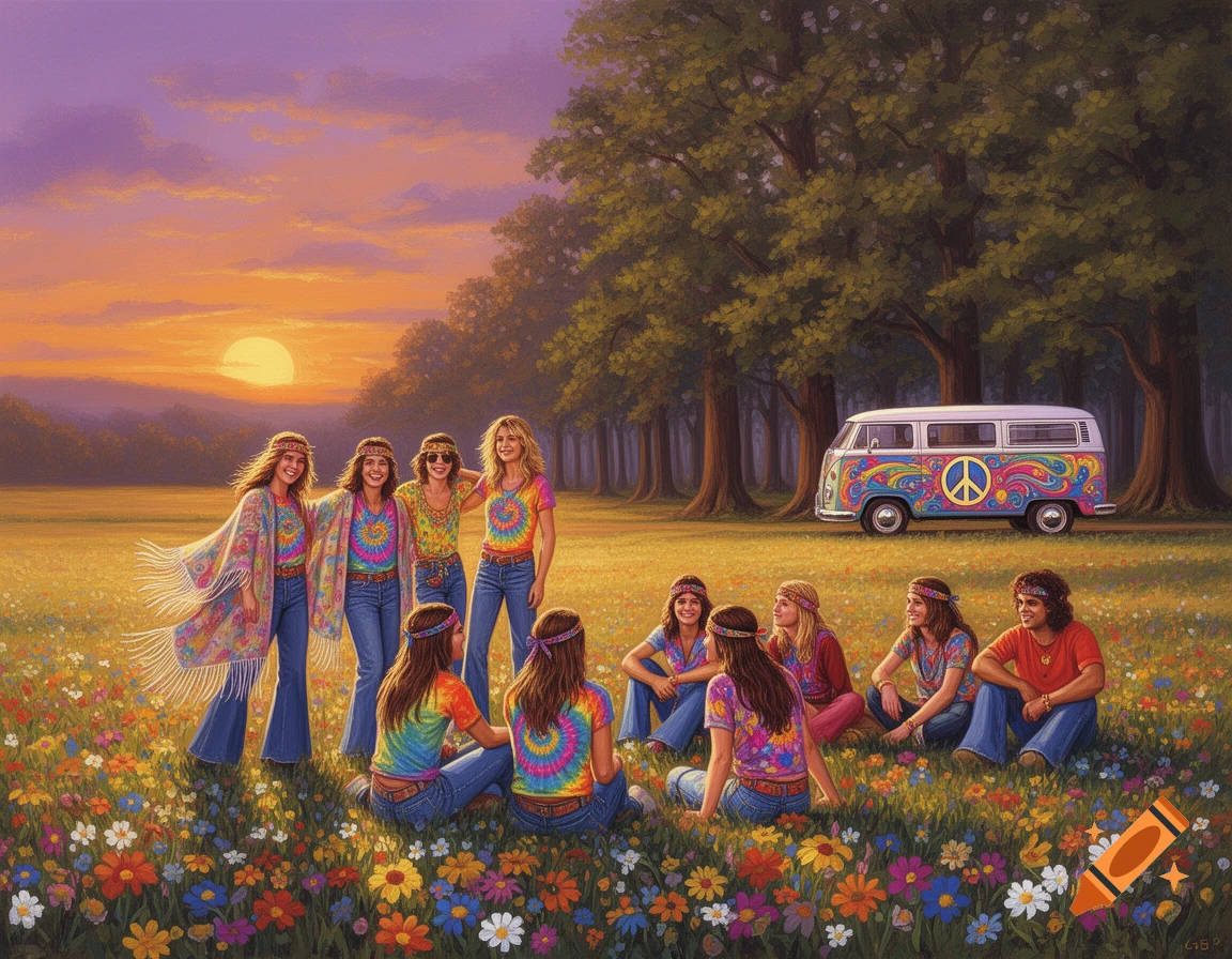 A group of hippies in a colorful field at sunset, with a tie-dye VW van in the background, evoking the 1970s.