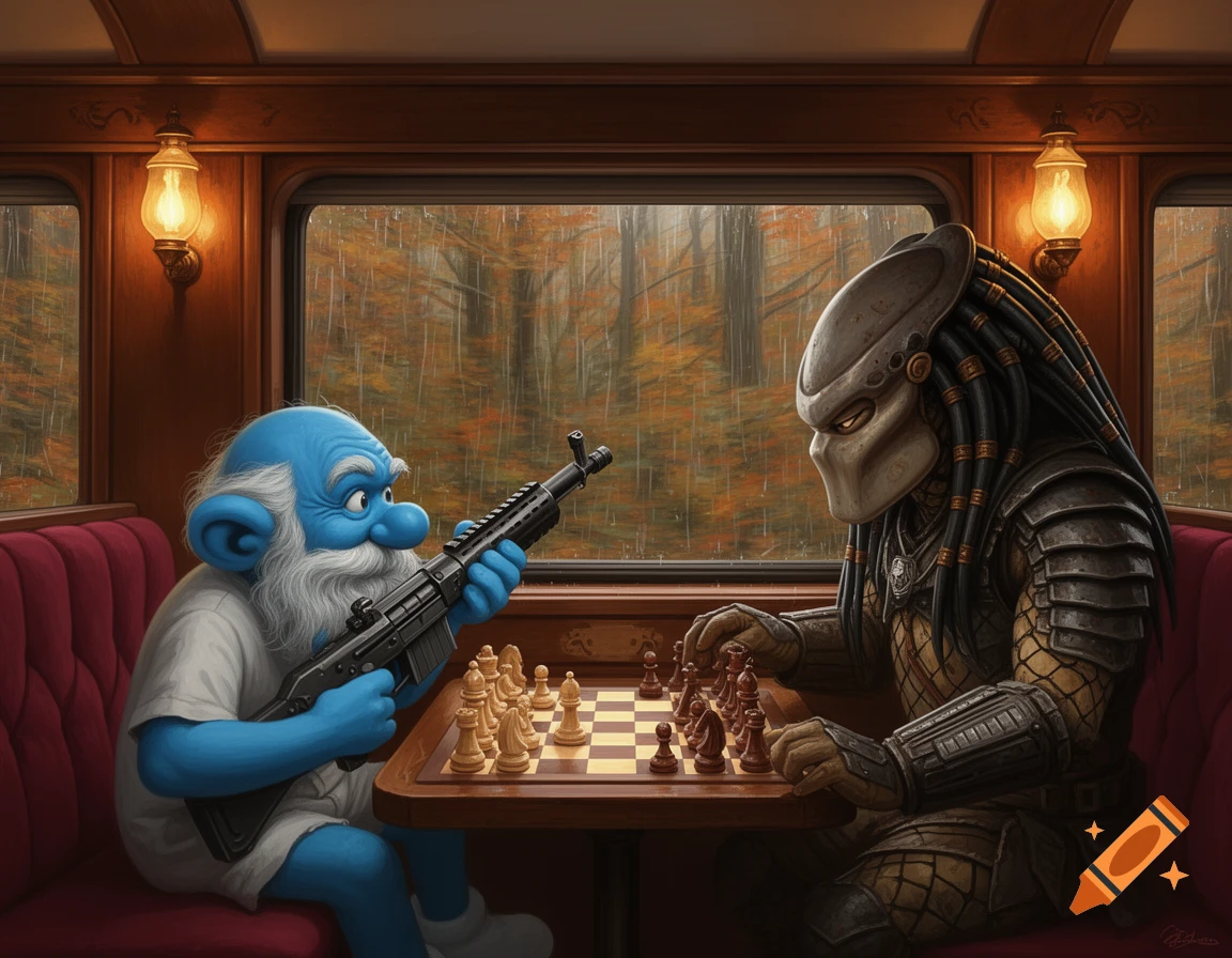 An old Smurf points a machine gun at a Predator while they play chess in a detailed, illustrative style inside a vintage train car with an autumn forest visible through the window.