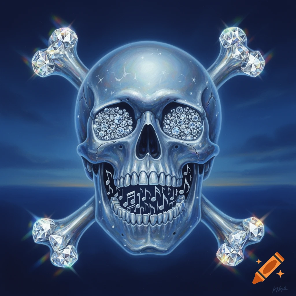 A blue-tinted crystal skull and crossbones with diamond-encrusted eye sockets and bone ends, featuring music notes inside its open mouth.